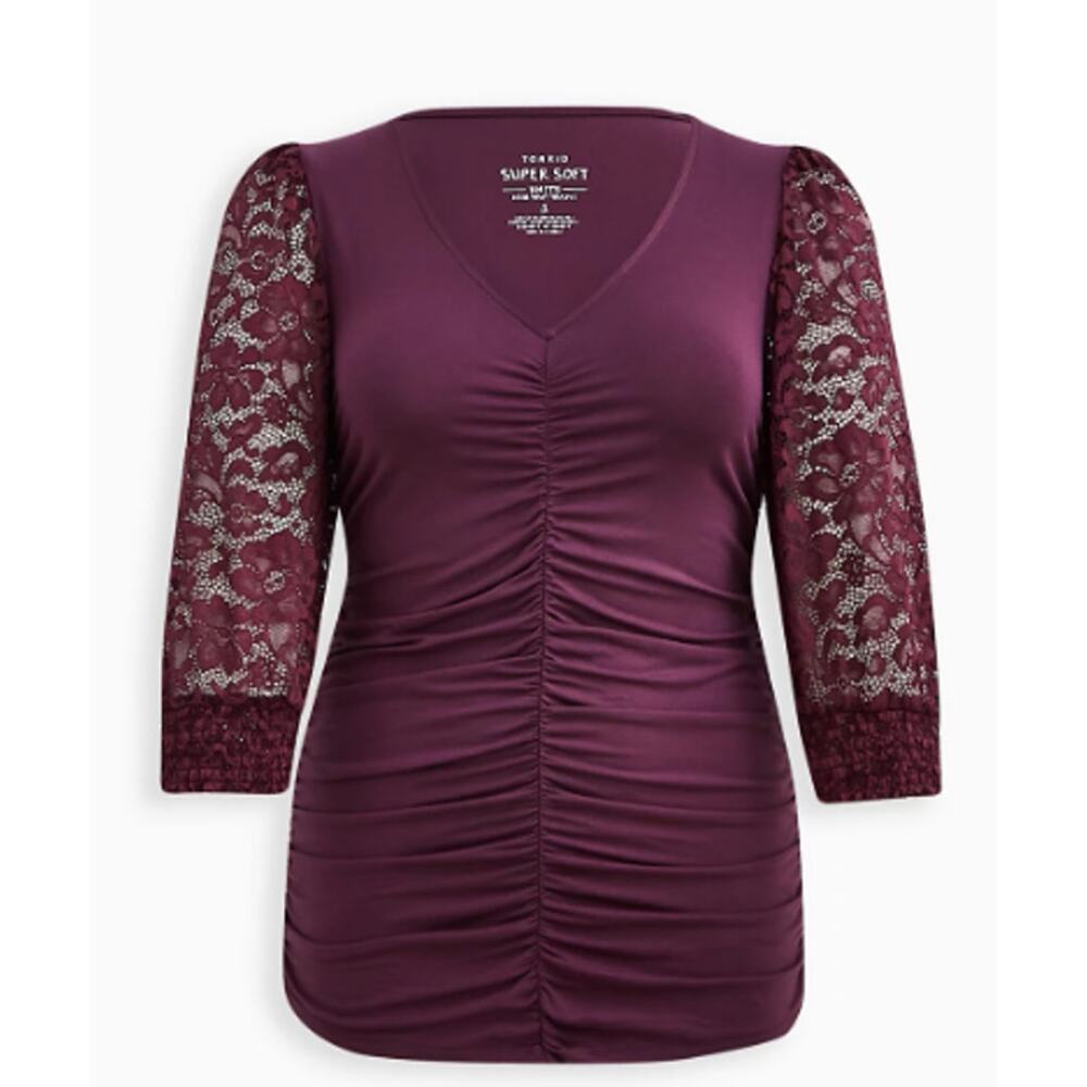 TORRID SIZE 1 LACE V-NECK RUCHED FRONT LONG SLEEVE TOP SIZE 14-16, 1X